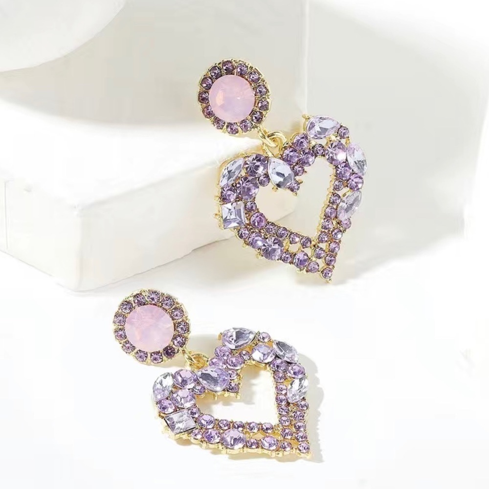 Lavender Crystal Heart Drop Statement Earrings - image 2